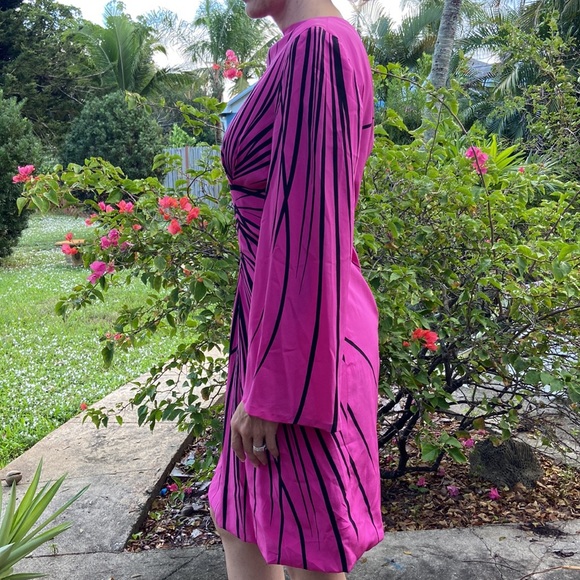 Vintage Pink Black Stripe Long Trumpet Boat Neck Sleeve Knee Length Dress! - Picture 5 of 12